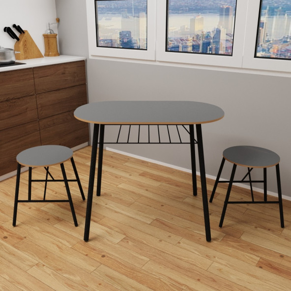 Eportatif Masa Sandalye Takımı  Oval Mutfak Masası Tabure Takımı Yemek Masası  Füme 1242