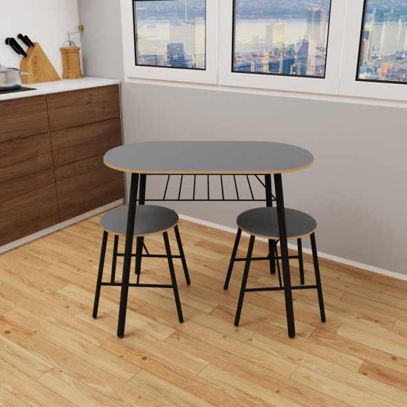 Eportatif Masa Sandalye Takımı  Oval Mutfak Masası Tabure Takımı Yemek Masası  Füme 1242 - 2