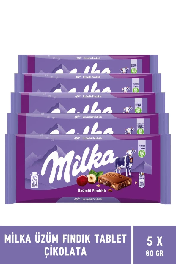 Üzüm Fındık Tablet Çikolata 80 gr - 5 Adet
