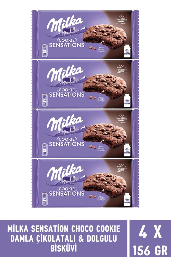 Milka Sensations Choco Cookie Damla Çikolata ve Dolgulu Biküvi 156 gr - 4 Adet