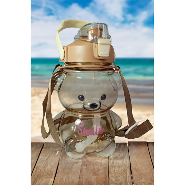 1 Litre Matara - 1 Adet Şeffaf Kahverengi Ayıcık Matara - İpli Askılı Sticker Hediyeli Plastik Suluk - 5