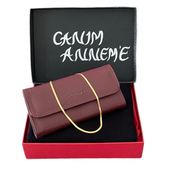 Anneler Günü Bordo Cüzdan-Siyah Penye Şal-İtalyan Çelik Zincir Set