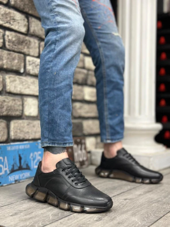 BA0344 İçi Dışı Hakiki Deri Rahat Taban Siyah Sneakers Casual Erkek Ayakkabı