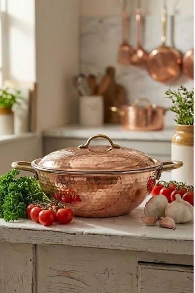 Turna Bakır Wok Tava 25 Cm Kapaklı El Dövme Kırmızı Turna4812-1 ürün görseli 1