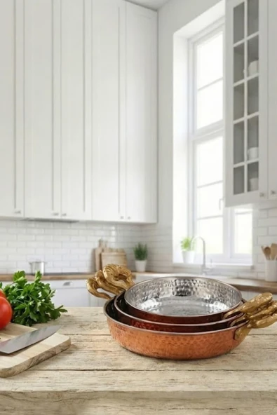 Turna Bakır Acemli Tava 3'lü Takım 1,2,3 No Makine Dövme Kırmızı Turna7610-1 ürün görseli 1