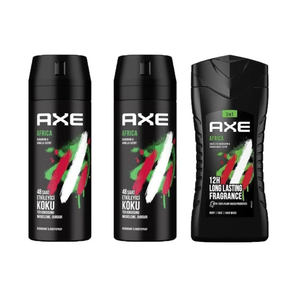 Axe Africa Erkek Sprey Deodorant 150ML 2 Adet + Axe Africa 3in1 Erkek Duş Jeli 250ML 3lü Set