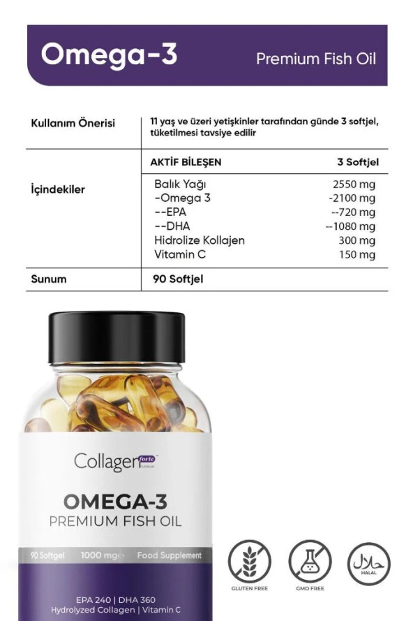 Collagen Forte Omega 3 Premium Fish Oil, Balık Yağı, Hidrolize Kolajen, Vitamin C 1000mg 90 Softjel Kapsül