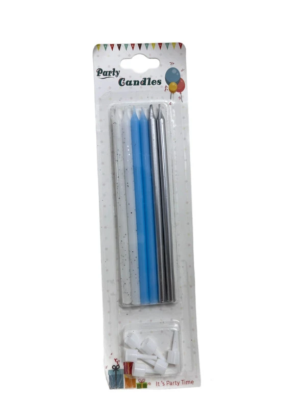 3 Renk Mavi İnce Mum 14 cm 6 lı