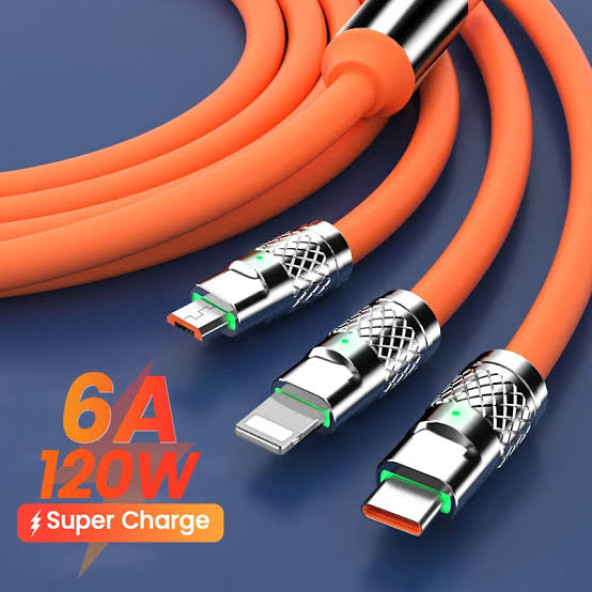 3 in 1 Usb to Type-C - Micro Usb - Lightning 120W Hızlı Şarj Kablosu 1.2 metre