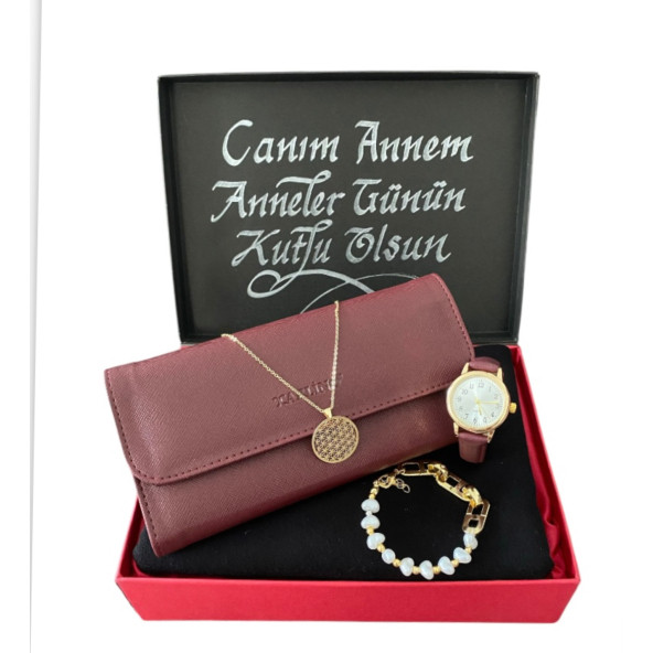 Anneler Günü Bordo Kol Saati- Cüzdan-Siyah Penye Şal-Kolye-Bileklik