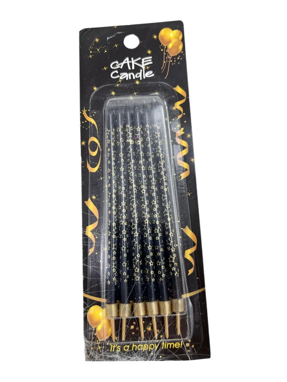 Siyah Üzeri Yıldız Baskılı İnce Mum 14 cm 6 lı