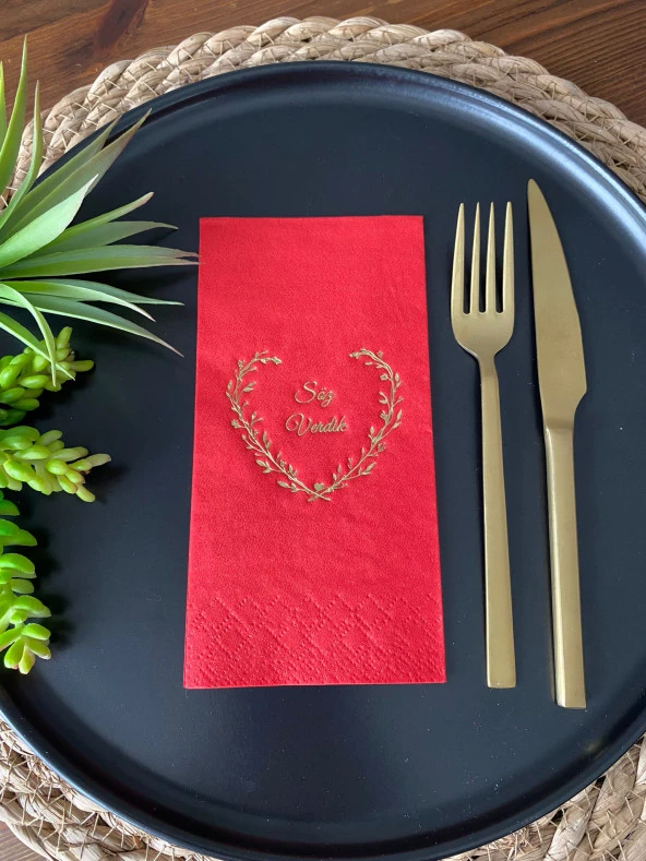 Gold Yaldızlı Kırmızı Söz Verdik Kalp Çelenk Peçete 16 Adet ürün görseli 1