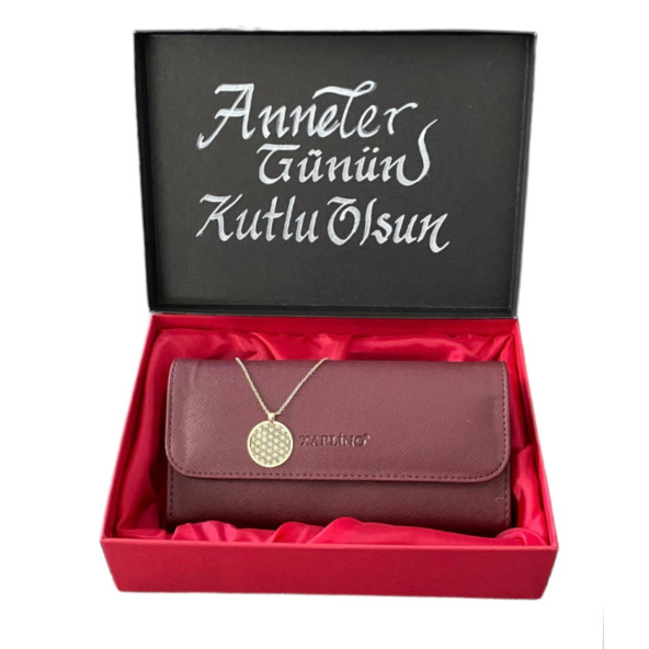 Anneler Günü Bordo Cüzdan Yaşam Çiçeği Kolye Hediye Seti
