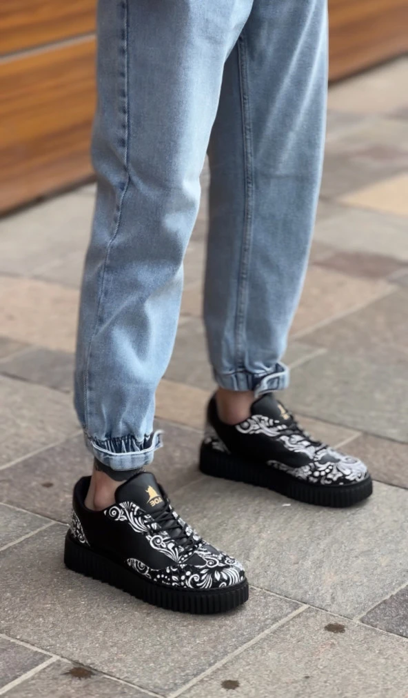 BA0802 BOA Gotik Desenli Siyah Yüksek Taban Erkek Günlük Ayakkabı - Resim 3