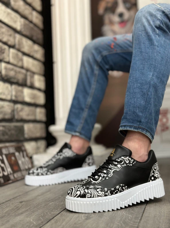 BA0802 BOA Gotik Desenli Siyah Beyaz Yüksek Taban Erkek Günlük Ayakkabı - Resim 5