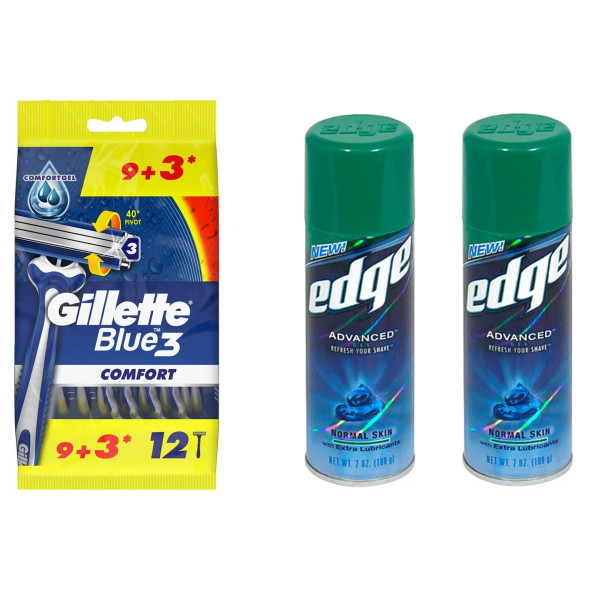 Gillette Blue3 Comfort Tıraş Bıçağı 12'li + Edge Tıraş Jeli Normal Ciltler İçin 2x198gr