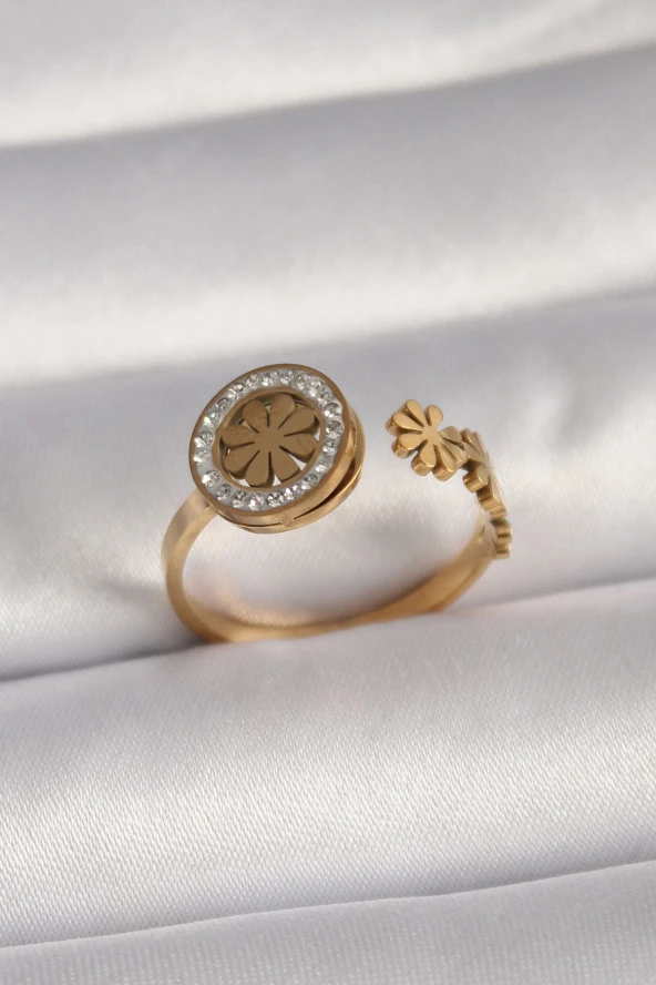316L Çelik Gold Renk Zirkon Taşlı Papatya Model Kadın Yüzük - TJ-BYK3090 ürün görseli 1