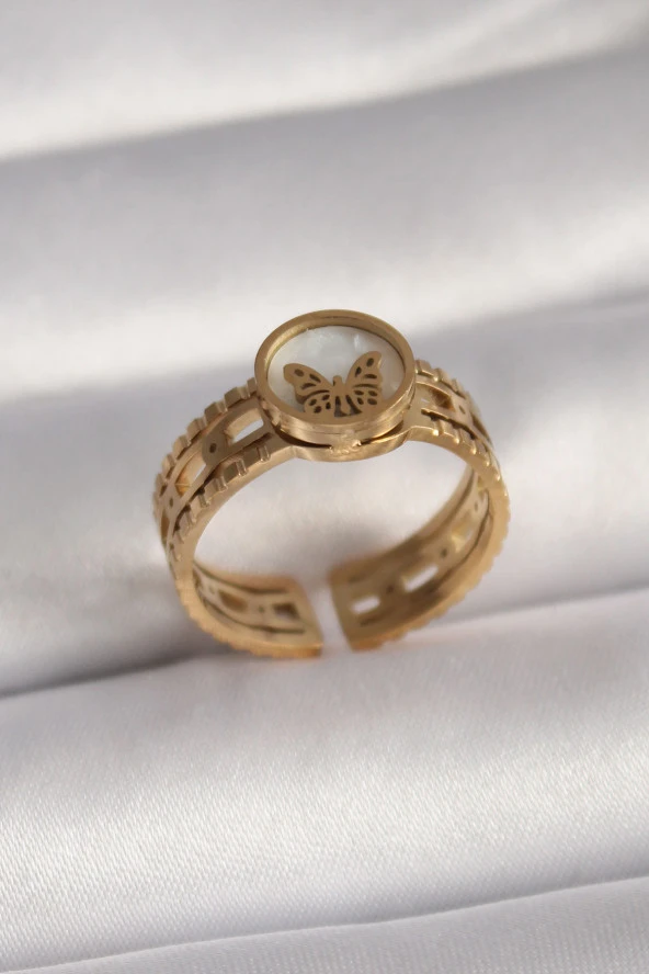 316L Çelik Gold Renk Beyaz Sedefli Kelebek Model İşleme Detay Kadın Yüzük - TJ-BYK3089 ürün görseli 1