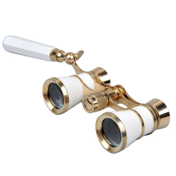 Işlemeli Tiyatro ve Opera Dürbünü 3X25 Prinç Metal Kaplamalı Retro Beyaz - Resim 3