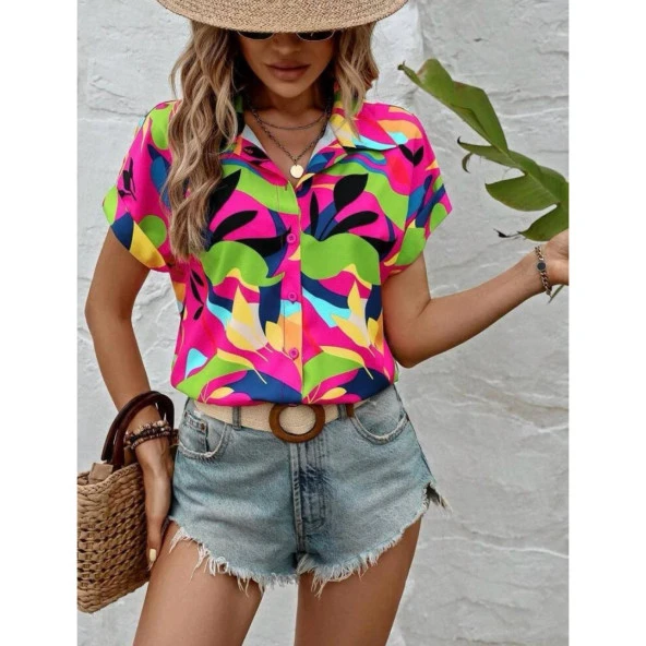 Lucky Life Lucky Life Kadın MossKrep Kumaş Kısa Kol Çiçek Desenli Gömlek