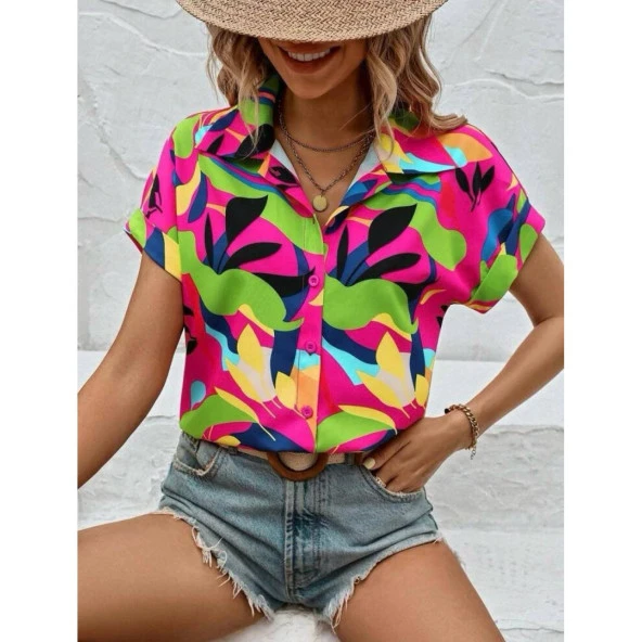 Lucky Life Lucky Life Kadın MossKrep Kumaş Kısa Kol Çiçek Desenli Gömlek - 2