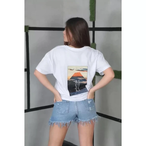Lucky Life Unisex Bisiklet Yaka Baskılı Oversize T-Shirt- Beyaz
