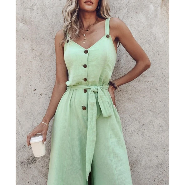 Lucky Life Kadın Askılı Düğme Detaylı Beli Kuşaklı Geniş Paça Bürümcük Kumaş Tulum - 2