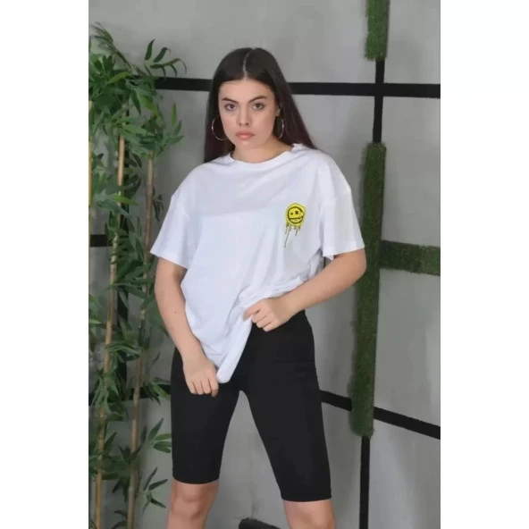 Lucky Life Unisex Bisiklet Yaka Baskılı Oversize T-Shirt - Beyaz - 2