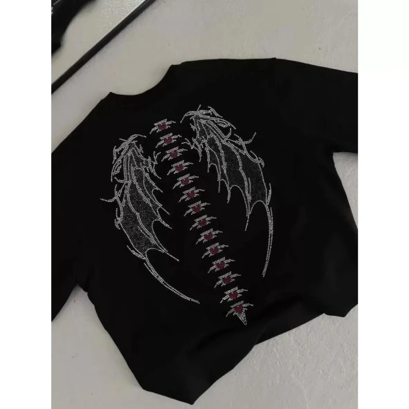 Lucky Life Unisex Taşlı Bisiklet Yaka T-Shirt - Siyah - 3