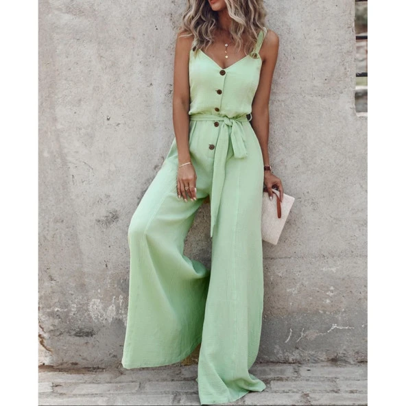 Lucky Life Kadın Askılı Düğme Detaylı Beli Kuşaklı Geniş Paça Bürümcük Kumaş Tulum - 4