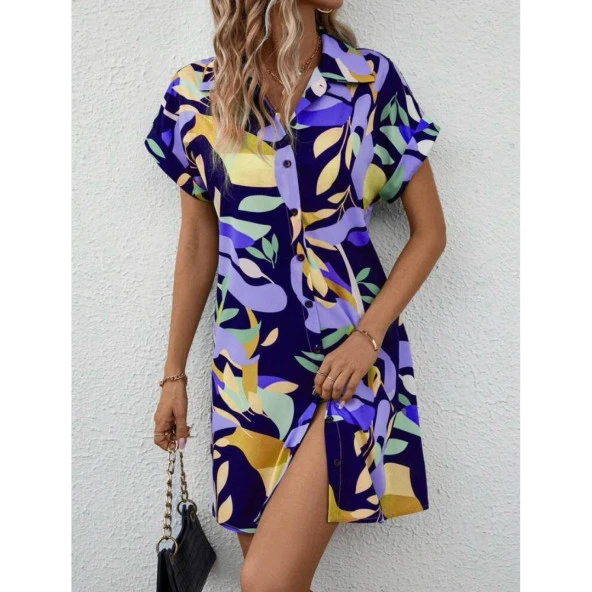 Lucky Life Kadın Çiçek Desenli Kısa Kollu Moss Krep Kumaş Gömlek Elbise - 2