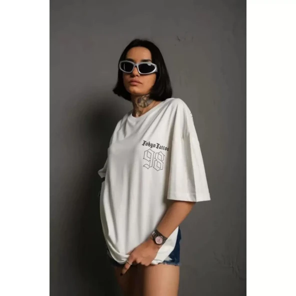Lucky Life Unisex Bisiklet Yaka Baskılı Oversize T-Shirt - Beyaz