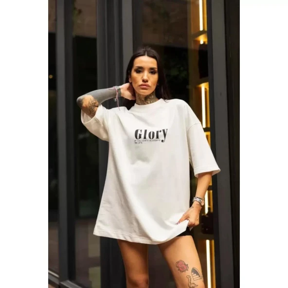 Lucky Life Unisex Bisiklet Yaka Baskılı Oversize T-Shirt - Beyaz - 2