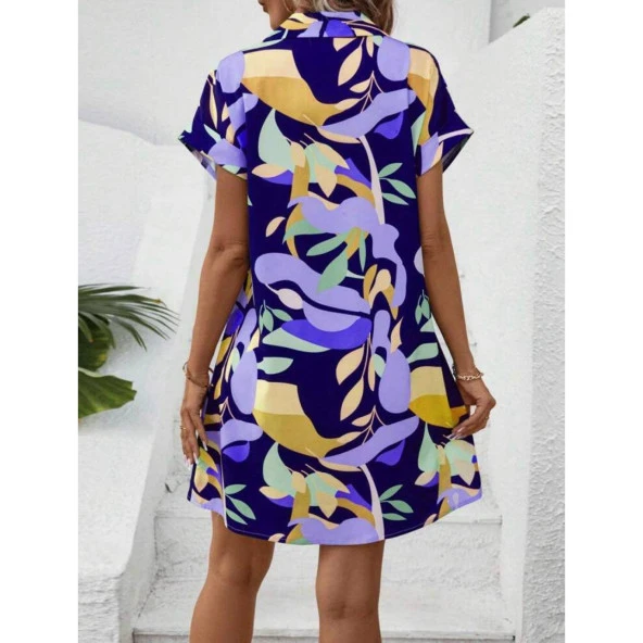 Lucky Life Kadın Çiçek Desenli Kısa Kollu Moss Krep Kumaş Gömlek Elbise - 3