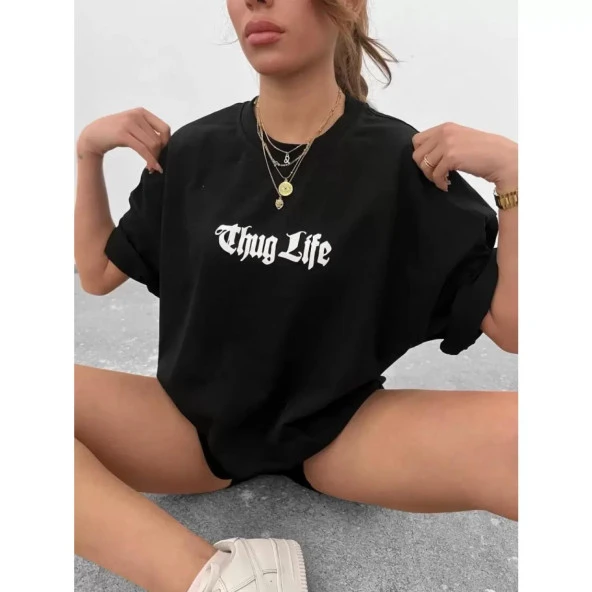 Lucky Life Unisex Bisiklet Yaka Baskılı Oversize T-Shirt - Siyah