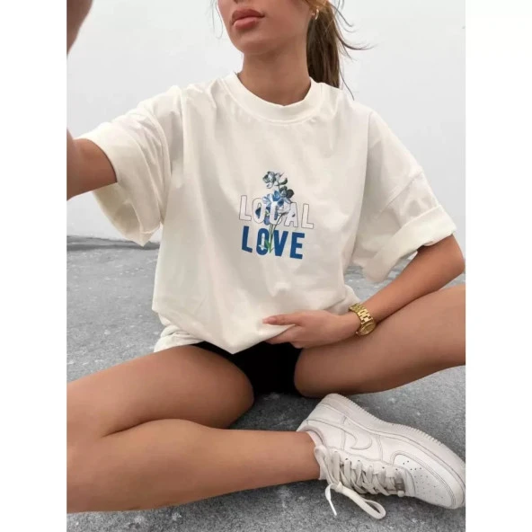 Lucky Life Unisex Bisiklet Yaka Baskılı Oversize T-Shirt - Beyaz
