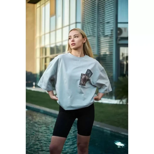 Lucky Life Unisex Bisiklet Yaka Baskılı Oversize T-Shirt - Boyalı Gri - 2