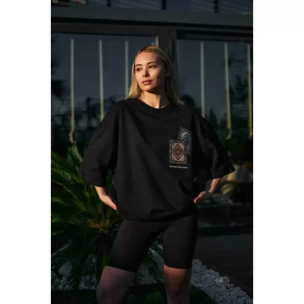 Lucky Life Unisex Bisiklet Yaka Baskılı Oversize T-Shirt - Siyah - 2