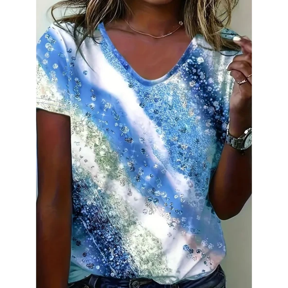 Lucky Life Kadın Kısa Kollu V Yakalı Renkli Geçişli Baskılı Süprem Bluz