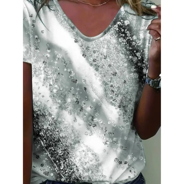 Lucky Life Kadın Kısa Kollu V Yakalı Renkli Geçişli Baskılı Süprem Bluz