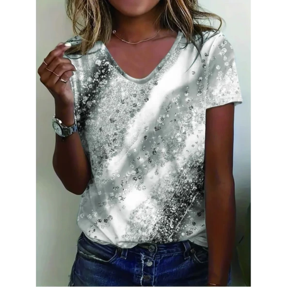 Lucky Life Kadın Kısa Kollu V Yakalı Renkli Geçişli Baskılı Süprem Bluz - 3