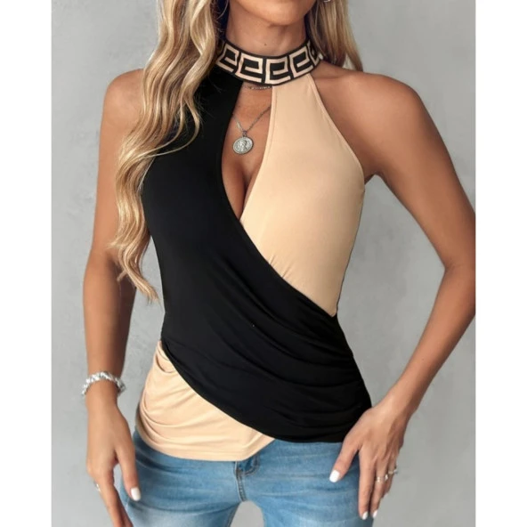 Lucky Life Kadın Kolsuz Balıkçı Yaka Yanlardan Büzgülü Viskon Bluz - 2