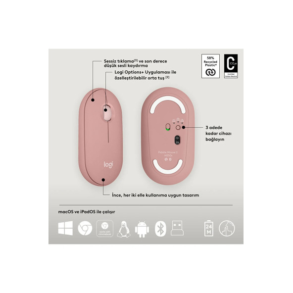 logitech Pebble 2 Combo Çoklu Sessiz Kablosuz Türkçe Q Klavye Mouse Seti - Pembe 920-012247 - 2