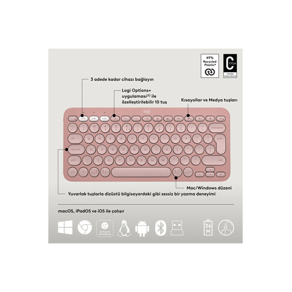 logitech Pebble 2 Combo Çoklu Sessiz Kablosuz Türkçe Q Klavye Mouse Seti - Pembe 920-012247 - 3