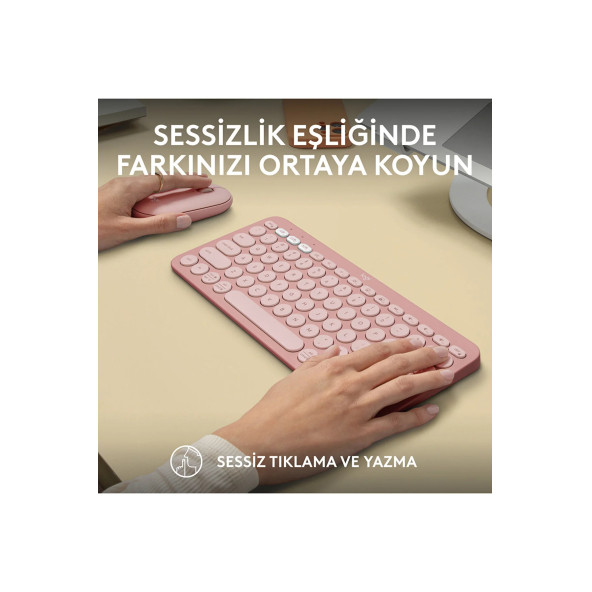 logitech Pebble 2 Combo Çoklu Sessiz Kablosuz Türkçe Q Klavye Mouse Seti - Pembe 920-012247 - 5