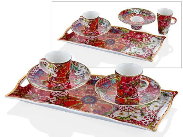 LAMEDORE LILYUM DESENLİ TEPSİLİ VE 2Lİ KAHVE FİNCAN SET 33,5X16,5X10CM