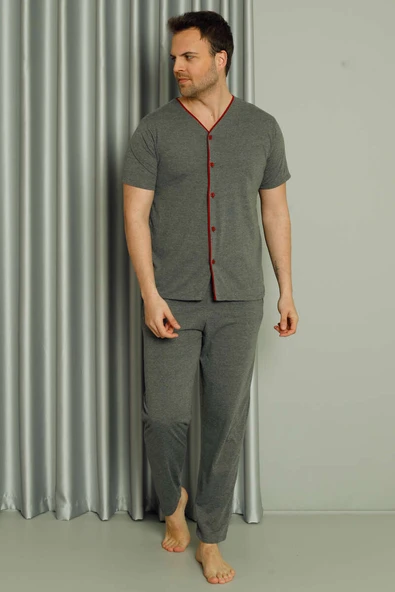 Boydan Düğmeli Kısa Kol Erkek Pijama Takım Füme - Resim 2