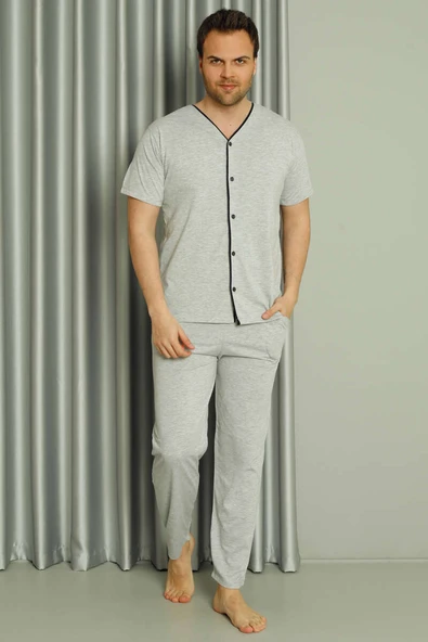 Boydan Düğmeli Kısa Kol Erkek Pijama Takım Gri ürün görseli 1
