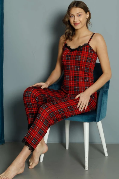 Ekose Desenli Dantelli İp Askılı Pijama Takımı Kırmızı ürün görseli 1