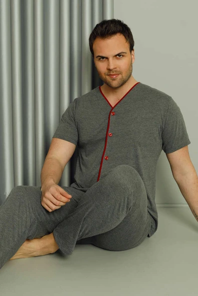 Boydan Düğmeli Kısa Kol Erkek Pijama Takım Füme ürün görseli 1
